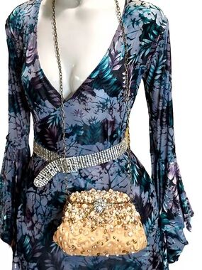 Embellished Gold Beaded Evening Shoulder Bag